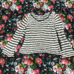 Free People open knit sweater wide neck Bell sleeves Navy & white stripes Large